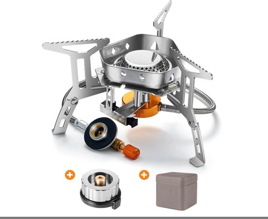 Campingkooktoestel, 3200 W, met piëzo-ontsteking, winddicht, werkt op gas, voor alle schroefcartouches, gasbrander, met adapter, opvouwbaar, kooktoestel voor camping, grijs
