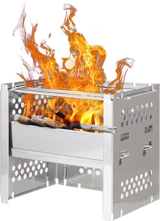 Campingkooktoestel, houtgestookt, draagbaar, opvouwbaar, roestvrij staal, rugzakkooktoestel met grillrooster, draagtas, voor kamperen, rugzakreizen, wandelen, koken, BBQ van Merkloos