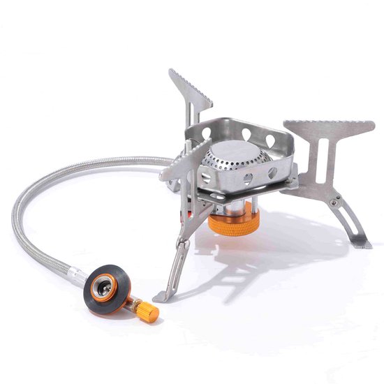 Campingkooktoestel - Krachtige, windbestendige brander met adapter - Kunststof opbergkoffer - Op gas - Eén brander - Draagbaar & inklapbaar - Campinggaspatroon - Mini-gaskooktoestel - Metalen constructie - 3500 W