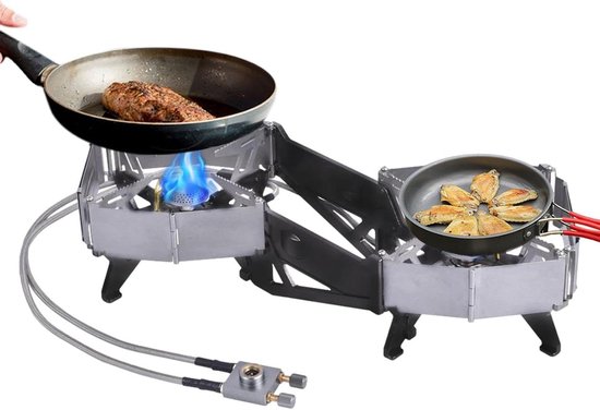 Campingkooktoestel met 2 pits - Dubbel brander fornuis - Buiten koken - Opvouwbare windscherm - 1940W vermogen - Zilver