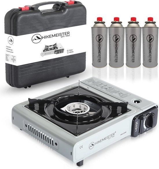Campingkooktoestel voor Buiten, Gasfornuis met Grillplaat en Draagkoffer, Inclusief 4 Gaspatronen van Merkloos
