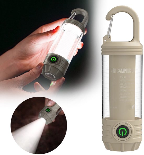 Campinglamp Oplaadbaar - LED Campinglamp - Hanglamp Camping - Zaklamp met Sterk Licht - 3 Lichtstanden - Buiten Lamp - Tentlamp - Noodverlichting - Khaki