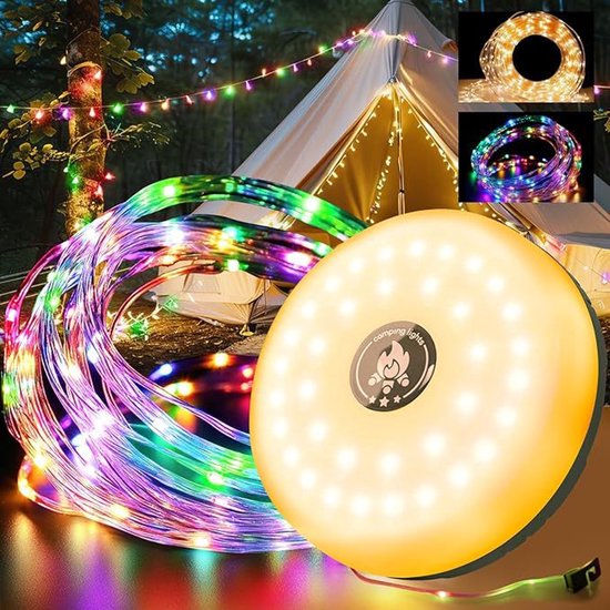 Campinglamp, tentlamp, oprolbare lichtslinger, multifunctionele buitenverlichting, opvouwbare lichtslinger geschikt voor kamperen - 10 meter warm licht + gekleurd licht