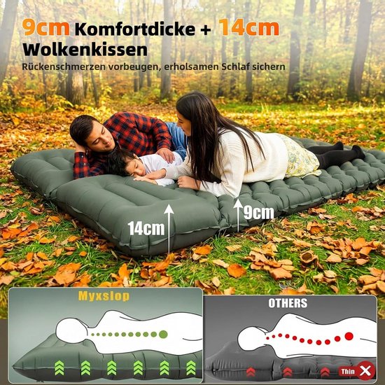 Campingluchtmatras - Groen - 196 x 134 x 9 cm - Ultralicht en Opblaasbaar met Voetpomp en Kussen - Voor 2 Personen
