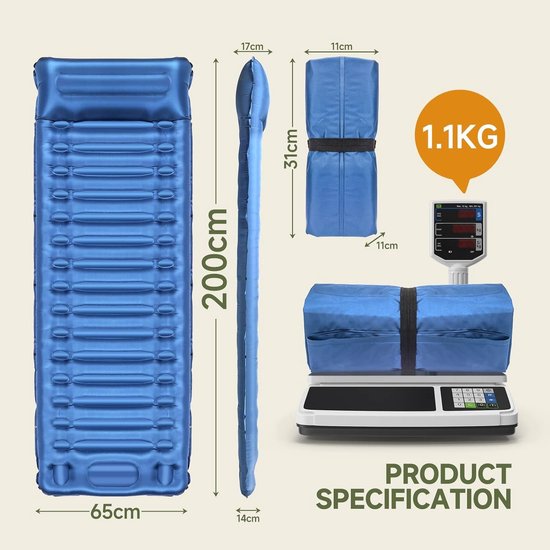 Campingmat - Blauw - 14 cm - Zelfopblaasbare Slaapmat met Kussen - Voor Outdoor en Reizen