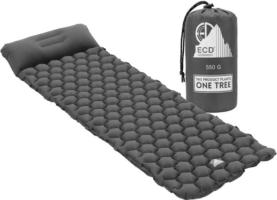 Campingmat, opblaasbare campingmat, grijs, outdoor luchtmatras met geïntegreerd kussen, ultralicht, compact & opvouwbaar