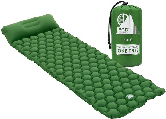 Campingmat, opblaasbare campingmat, groen, outdoor luchtmatras met geïntegreerd kussen, ultralicht, compact & opvouwbaar