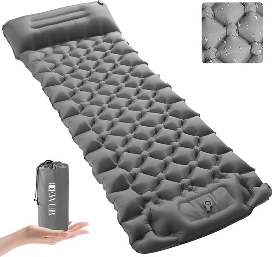 Campingmat, zelfopblazend, 10 cm dik, ultralicht, outdoor opblaasbaar, luchtmatras, campingmat, slaapmat met kussen, voetpomp (grijs) van Camp