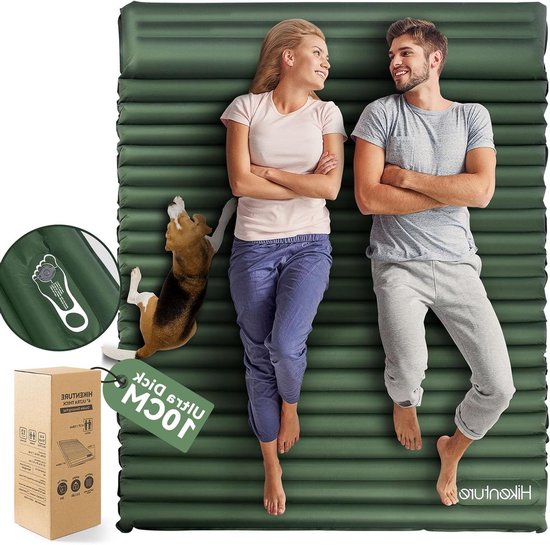 Campingmatras voor 2 personen met kussen - 10 cm dik - 140 x 200 cm - Opblaasbaar - Zelfopblazend - Met voetpomp - Voor kamperen, outdoor, wandelen, strand - Groen van Merkloos