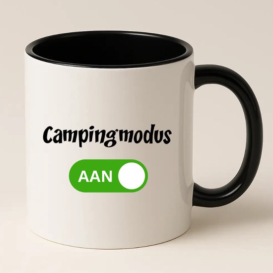 Campingmodus Aan Mok (Zwart) - Camping Cadeau - Vakantie Cadeau - Cadeau Voor Kampeerliefhebber - Camping Mok - Camper Cadeau - Caravan Cadeau