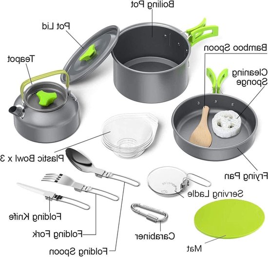 Campingpannenset 14 stuks aluminium draagbaar kookgerei - kamperen picknick BBQ - 2-3 personen reis waterkoker van Bo-Camp