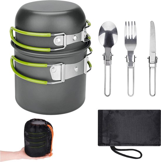 Campingpannenset, aluminium kampeerpot, buitenkookgerei met opvouwbaar bestek, campingservies voor 2 personen, campingservies voor wandelen, vissen, picknick, FDA-gecertificeerd van Camp