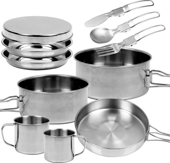 Campingpannenset Buiten 2-3 personen Roestvrijstalen pot met servies Kookpot Opvouwbaar Campingservies Potplaat voor picknick Backpacken Kamperen Wandelen van Merkloos