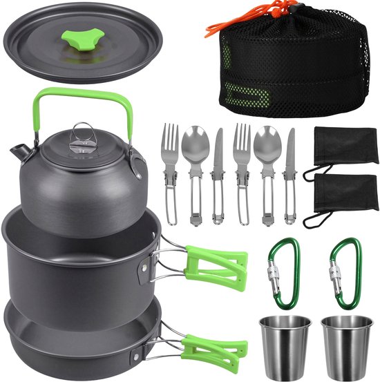 Campingpannenset, kampeerset, pan, waterkoker, bestek in een hoes 17in1