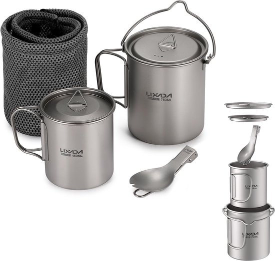 Campingpot - Opvouwbare Campingpannen - Ultralichte Kookpot - met Ophanggreep - Buitenwaterbeker - Keukengerei - voor Picknick - Wandelen - Kamperen - Wandelen - Titanium - Zilver