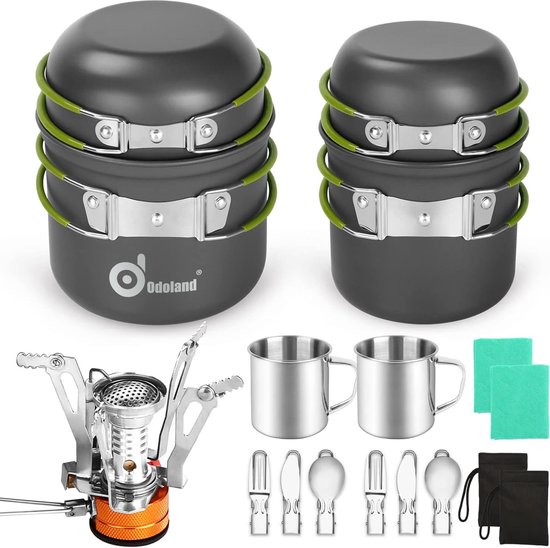 Campingservies, 16 stuks, voor 2 personen, outdoor kookgerei van aluminium en roestvrij staal, opvouwbaar, mini-campingkooktoestel voor outdoor, servies, picknick en wandelen van Camp