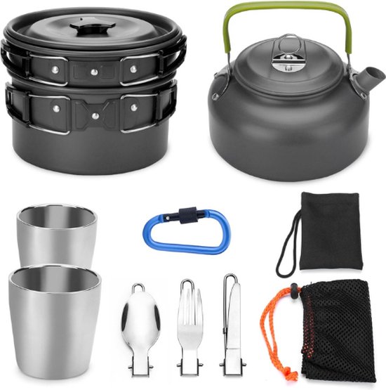 Campingservies set - Camping Pannenset - Camping Kookset - 1.1L Camping Theepot - Bekers - Opvouwbaar Bestek voor Kamperen - Kookgerei outdoor van Camp