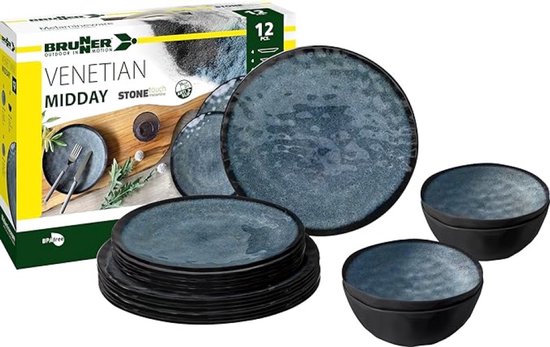 Campingserviesset 12-delig voor 4 personen - Midday Venetian - Stone Touch melamine antislip