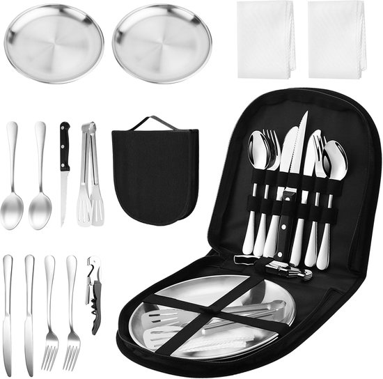 Campingserviesset 2 personen 14-delige picknickset, roestvrij staal buitenservies voor buiten, kamperen, picknicken, barbecueën en wandelen