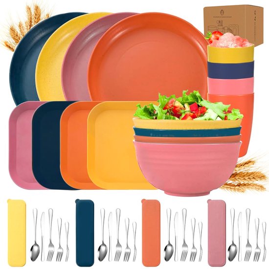 Campingserviesset, herbruikbare kunststof borden, voor 4 personen, campingservies, picknickset, 40-delig, kommen - ShopVlot