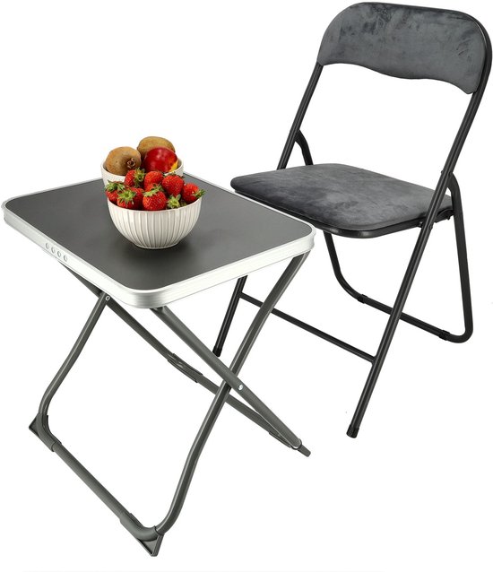 Campingstoel met Inklapbare Tafel en Fluwelen Klapstoel – 2-in-1 Opvouwbare Kruk & Campingtafel – Compacte Bijzettafel voor Camping, Caravan, Balkon, Slaapkamer en Thuis van Merkloos