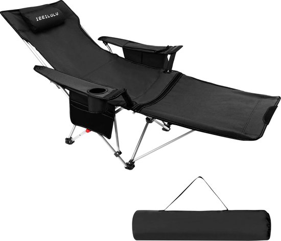 campingstoel opvouwbaar met voetsteun, ligstoel opvouwbaar, 2 in 1 multifunctionele campingstoel met bekerhouder koeltas, strandstoel opvouwbaar voor volwassenen 150 kg kamperen (zwart) van Camp
