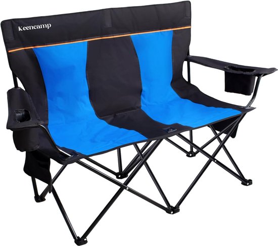 Campingstoel, opvouwbare 2-zits, dubbele campingstoel voor volwassenen, 200 kg draagvermogen, grote klapstoel, klapstoel, campingstoel voor 2 personen, met opbergtas, zwart + blauw van UNIPLAY