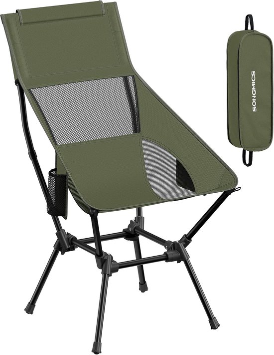 Campingstoel, strandstoel, hoge rugleuning, tuinstoel inklapbaar, in hoogte verstelbaar, stalen frame, tot 150 kg belastbaar, 2 zijzakken, hoofdsteun, reizen, groen