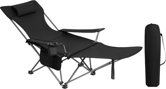 Campingstoelen - Vouwstoel - Campingstoel opvouwbaar - Strandstoel inklapbaar - Loungestoel buiten - Lichtgewicht Visstoel met Hoofdsteun & Bekerhouder – Inclusief Draagtas – Zwart van Merkloos