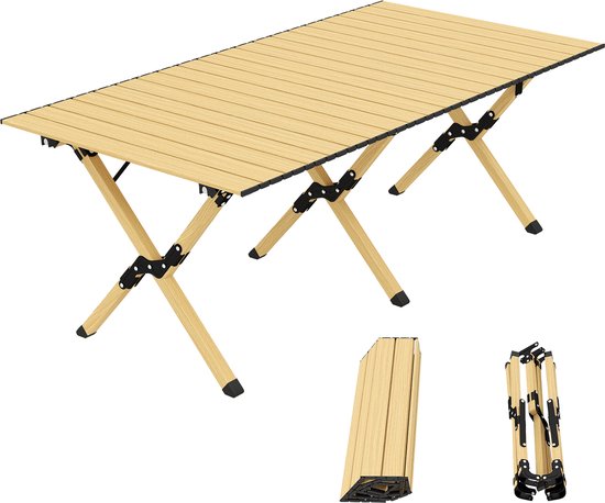 Campingtafel 117 x 60 cm - aluminium klaptafel met oprolbaar tafelblad - houtlook - waterdichte draagtas