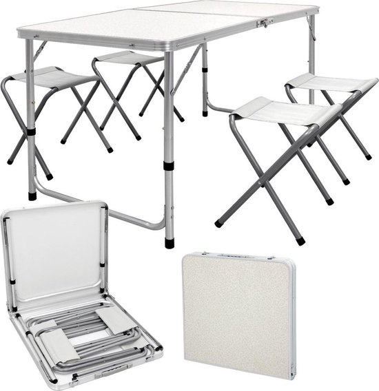 Campingtafel Inklapbaar met 4 Krukjes - 120 x 60 CM - In Hoogte Verstelbaar - Incl. handvat van Leusder.