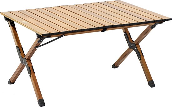 Campingtafel, middelhoog, volledig van aluminium met houtprint, oprolbaar blad, lichtgewicht en compact, 4-persoons, model 2024 van Bo-Camp