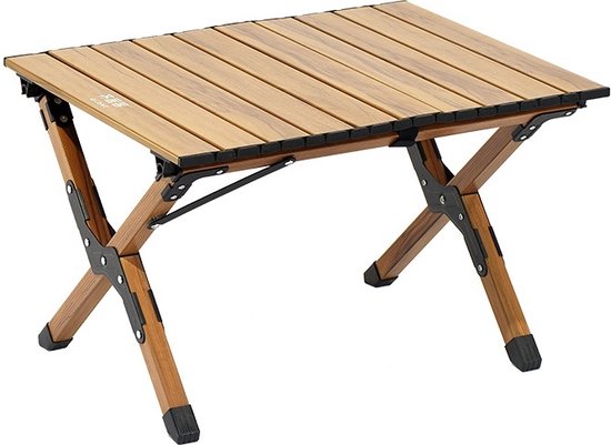 Campingtafel, middelhoog, volledig van aluminium met houtprint, oprolbaar blad, lichtgewicht en compact