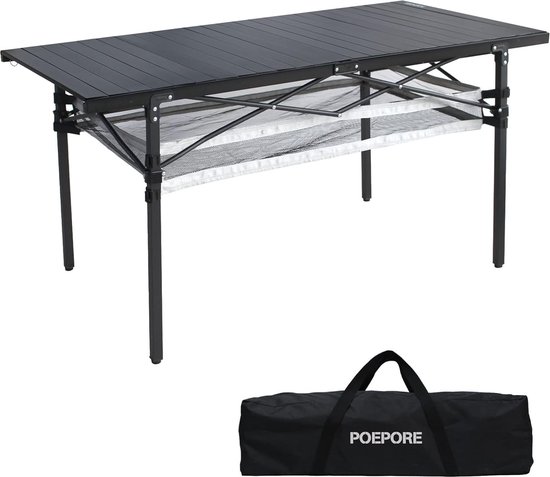 Campingtafel, opvouwbaar, aluminium, groot, klaptafel voor 4-6 personen, outdoor, opvouwbare tuintafel met netplank, opbergtas, 137 x 70 x 70 cm, tot 80 kg, zwart van Camp