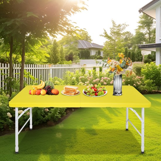 Campingtafel - Opvouwbaar Met Draaggreep En Verstelbare Hoogte - Voor Picknick Camping En Binnen Buiten - Geel - 125x61x58-74 Cm
