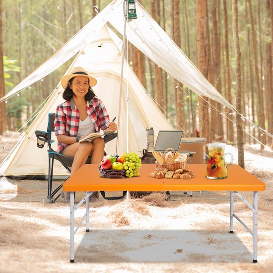 Campingtafel - Opvouwbaar Met Verstelbare Hoogte En Handgreep - Voor Camping En Picknick - Kunststof En Staal - Oranje - 125x61 Cm