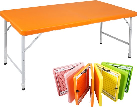 Campingtafels 125 cm - Inklapbare Vouwtafel Met Handgreep En Verstelbare Hoogte - Multifunctioneel - Kunststof - Oranje