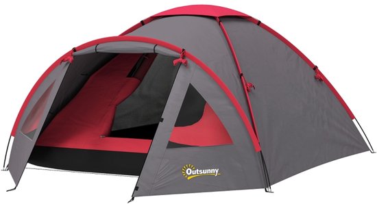 Campingtent 3 persoons OUTSUNNY- koepeltent familietent waterdicht 2000 mm - lichtgewicht tent met veranda - UV 50+ - met grondzeil, ramen en hordeur - voor camping, trekking en tuin - grijs - 315 x 215 x 130 cm van Merkloos