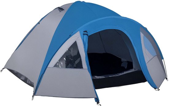 Campingtent 300x250x130cm Blauwgrijs Winddicht Koudebestendig UV-bestendig Dubbellaags Ontwerp Met Horren, Haringen, Tuilijnen en 2 Binnenzakken Stabiel Duurzaam Glasvezelstang Geschikt voor Buitencamping