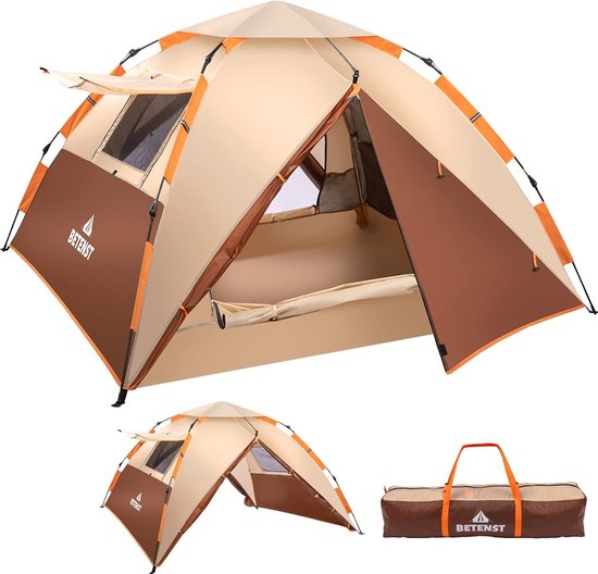 Campingtent, pop-up tent voor 3 personen, familiekoepeltent, waterdicht, winddicht, met 2 mesh-deuren, 2 mesh-ramen, 2-in-1 dubbellaags, draagtas voor kamperen, wandelen, backpacking van Night Cat