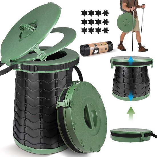 Campingtoilet, dragbaar, campingtoilet, in hoogte verstelbaar, dragbaar, drogtoilet, snel inlapbaar, belastbaar tot 300 kg, met 20 plastic zakken en opbergtas voor auto, irriteren, vissen van Camp