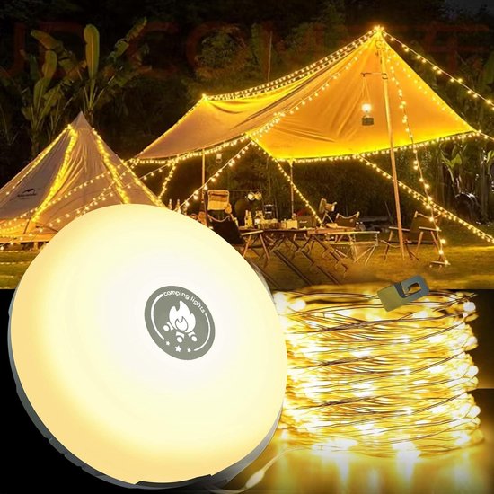 Campingverlichtingssnoer - Warme lichten - 4-in-1 draagbare oplaadbare buitenverlichtingssnoer - Waterdichte Draagbare Intrekbare Outdoor Solar String Lights - voor kamperen, tuin, wandelen, decoratie, Kerstmis - USB Oplaadbare Tent Lamp - 10 m van Camping