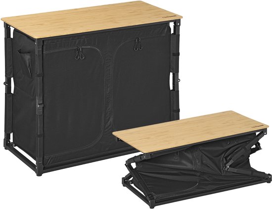 Campout Keukenblok - 100 x 49 x 82 cm - Opvouwbare Campingkeuken - Inklapbare Kampeerkeuken - Campingkast - Ruimte voor Gasfles + Gasslang - Inclusief Draagtas - Bamboe