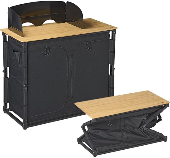 Campout Keukenblok - 100 x 49 x 82,5 cm - Opvouwbare Campingkeuken - Inklapbare Kampeerkeuken - Campingkast - Ruimte voor Gasfles - Inclusief Draagtas - Bamboe