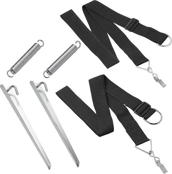 Campout Stormband Set - Geschikt voor Omnistor Luifels - Spanelastiek - Weerbestendig - Eenvoudige Installatie – Stevig - Met Stalen Haringen - Inclusief opbergtas – 2 x 15 cm Spanveren - 2 x 3 m Spanbanden – 2 x 38 cm Haringen