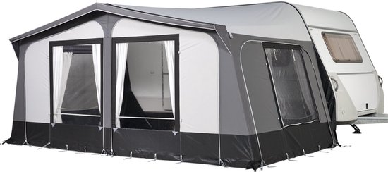 Campout Voortent Nova 250 – Omloopmaat 901-925 cm - Zonneluifel – Zonwering – Caravan – Schroefloze Bevestiging – Inclusief Tochtstrook, Wielflap, Tentharingen, Ladderspanners en Opbergtas – YKK ritsen – Naadloos Dak – Lichtgrijs