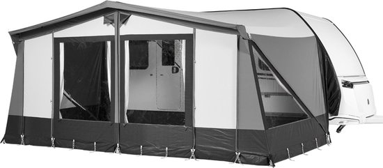 Campout voortent Orion 250 – Luifel - Zonneluifel – Zonwering – Caravan – Schroefloze Bevestiging – Inclusief Tochtstrook, Wielflap, Tentharingen, Ladderspanners en Opbergtas – YKK ritsen – Naadloos Dak – Omloopmaat 851-875 cm - Lichtgrijs van Campout