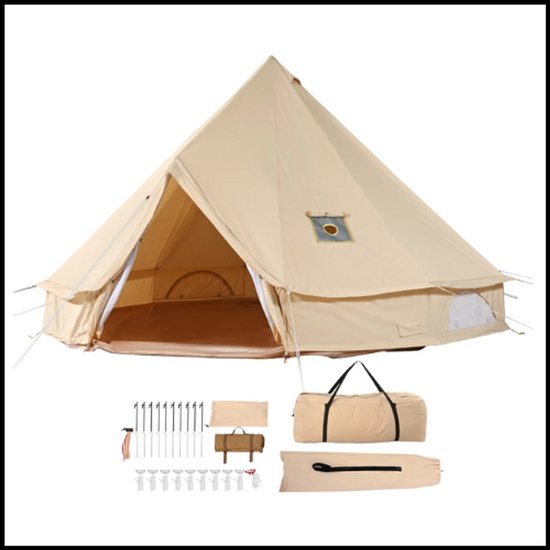 Canvas Bell Tent 4 Seizoenen 3M - Yurt Tent - Katoen & Ademend TC Doek - Met Kachelaansluiting & Vlamvertragende Flap - 4 Ramen met Horren - Waterdicht & Windbestendig - Geschikt voor 4 Personen - Inclusief Draagtas & Accessoires van Latourre Outdoor