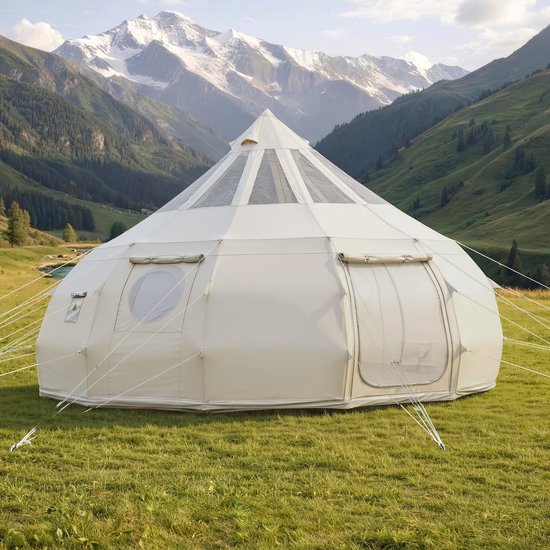 Canvas Bell Tent - 5 m Yurt Tipi Tent - 4 Seizoenen - Met Schoorsteenopening & Regenhoes - Polykatoen - Voor 12 Personen - Beige