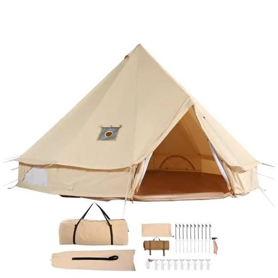 Canvas Bell Tent – Kampeertent – Familie Tent – Ruime Tent – Ademend Canvas – 4 Personen – Kacheluitlaat van LifeGoods